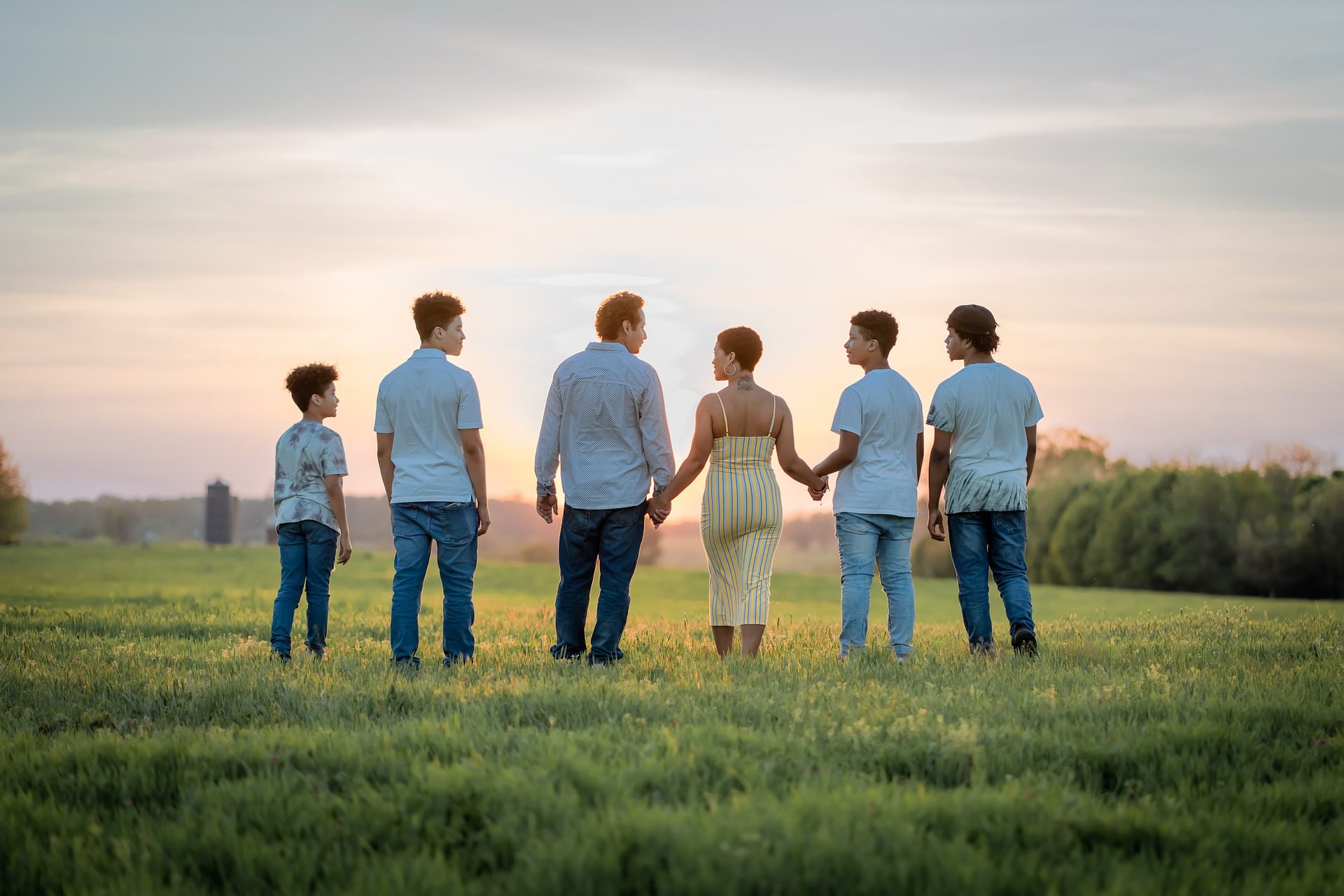 family-7157276_1920 Group of people holding hands, facing sunset in a field.